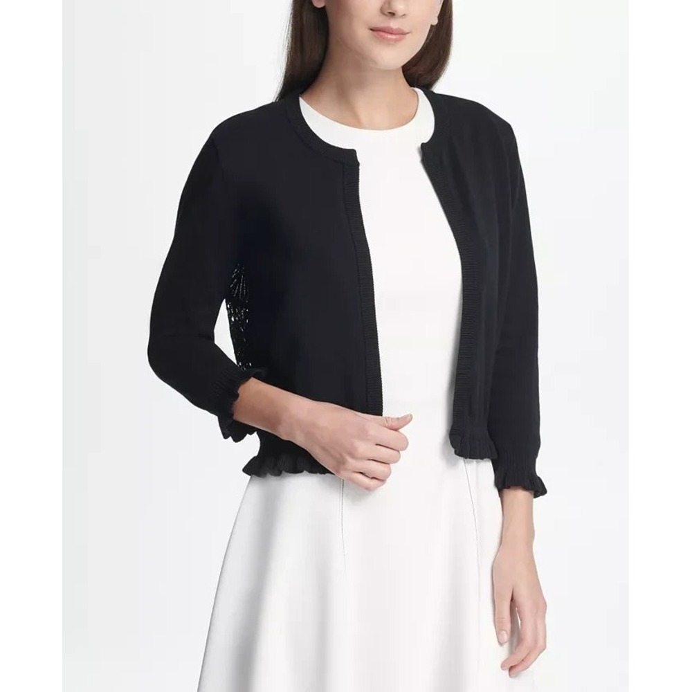 DKNY Women's Open Front Lace Back Layering Black Cardigan Sweater Top Size Small